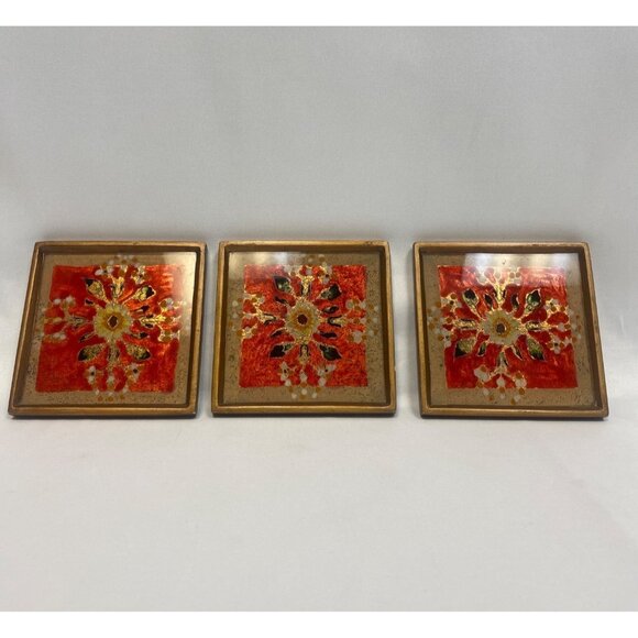 Peru Floral Reverse Painted Coasters Square Hand Made - Set of 3 - Picture 1 of 6